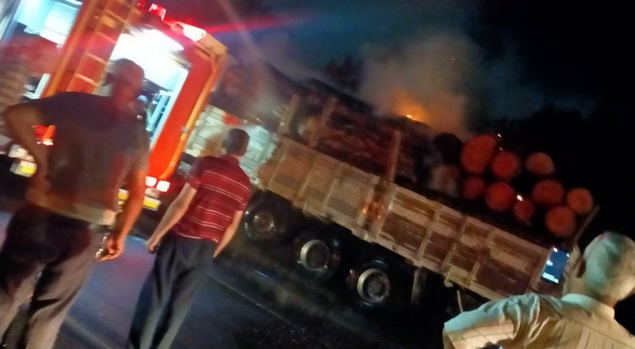 Tomruk yüklü kamyon alev topuna döndü